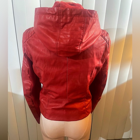 Red Leather Hooded Jacket - Picture 5 of 5